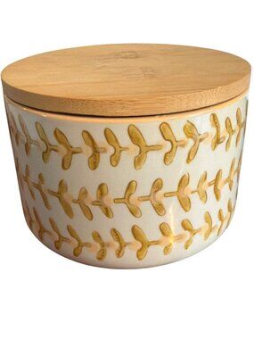 5" Round Stoneware Canister Bamboo Lid Stamped Pattern Creative Co-Op Decor NEW